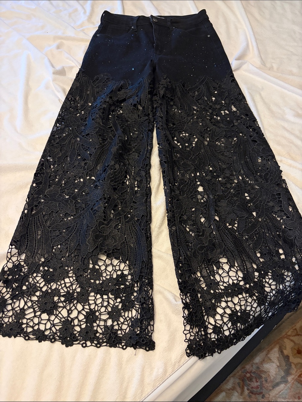 Women's Black Wide-Leg Crochet Lace Pants - Elegant Statement Trousers